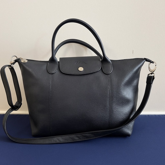 Longchamp Le Pliage Cuir Large Black Leather Tote Bag with Strap - Picture 1 of 10